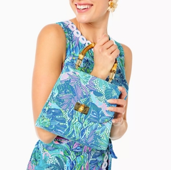 Lilly Pulitzer Limited Bamboo Holiday In the Sun Botanical Green Bag & Wallet - Picture 2 of 13